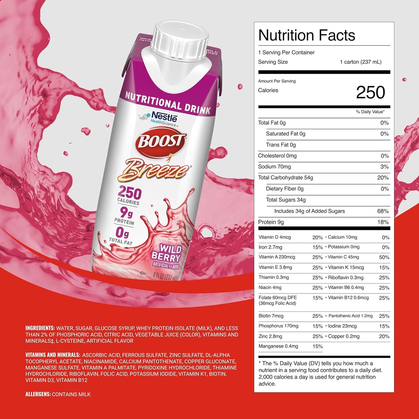 Wild Berry Flavored Boost Breeze Clear Nutritional Drink - 250 Calories - 19 Vitamins & Minerals - 9g Protein - Pack of 24 x 8 fl oz, Fortified with Vitamin A & Zinc for a Healthy Boost