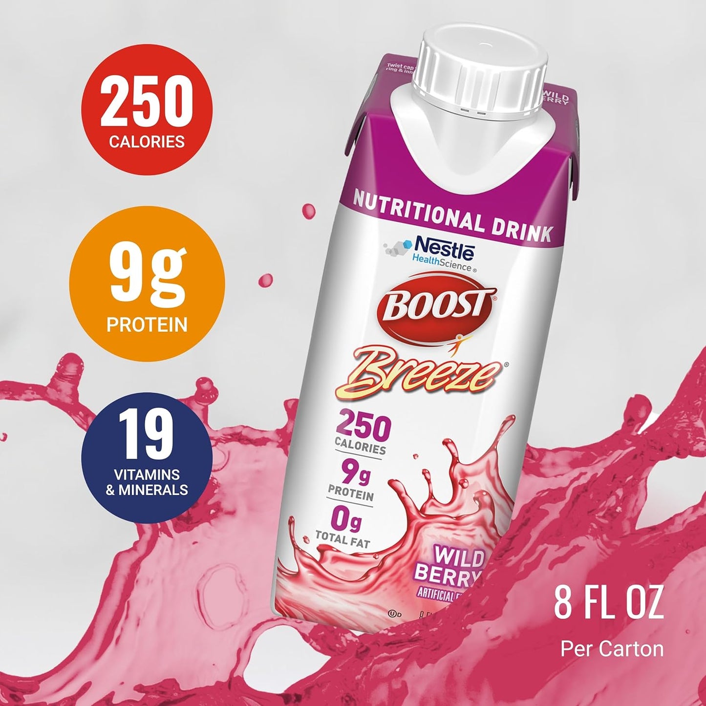 Wild Berry Flavored Boost Breeze Clear Nutritional Drink - 250 Calories - 19 Vitamins & Minerals - 9g Protein - Pack of 24 x 8 fl oz, Fortified with Vitamin A & Zinc for a Healthy Boost