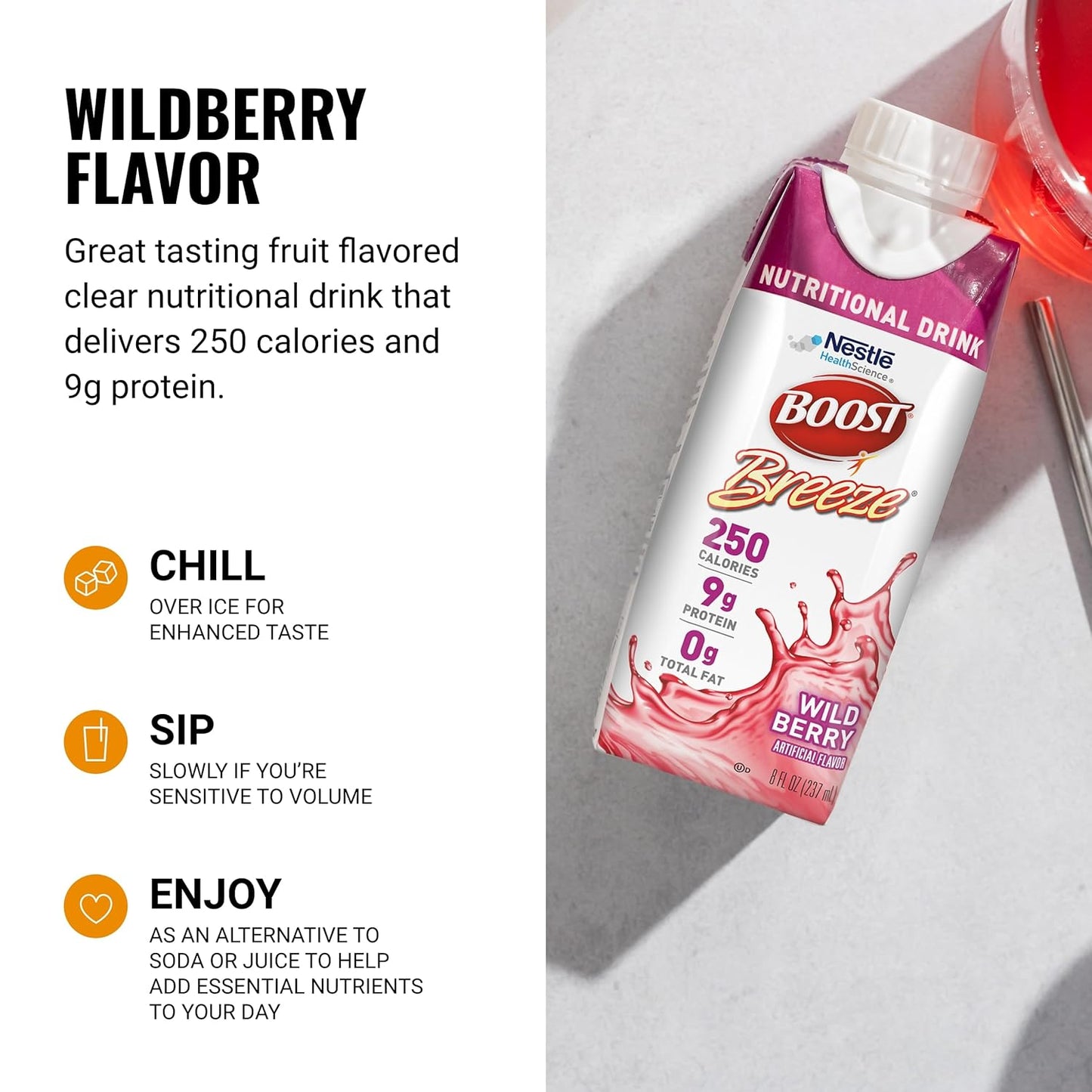 Wild Berry Flavored Boost Breeze Clear Nutritional Drink - 250 Calories - 19 Vitamins & Minerals - 9g Protein - Pack of 24 x 8 fl oz, Fortified with Vitamin A & Zinc for a Healthy Boost
