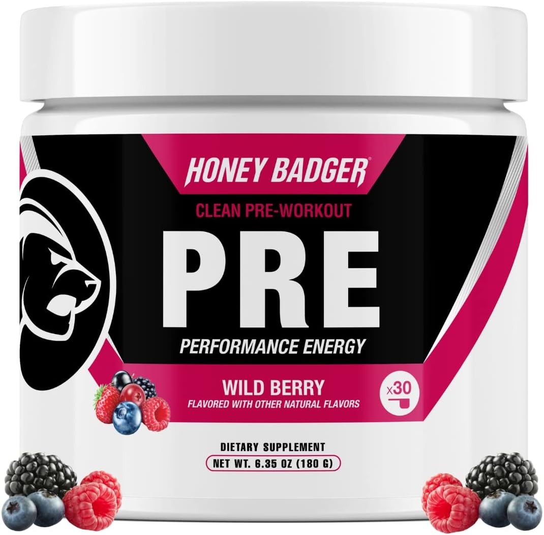 Wild Berry Honey Badger Pre Workout Powder, Keto Vegan Energy Supplement for Men & Women - 30 Servings, Beta Alanine & Caffeine, Sugar-Free