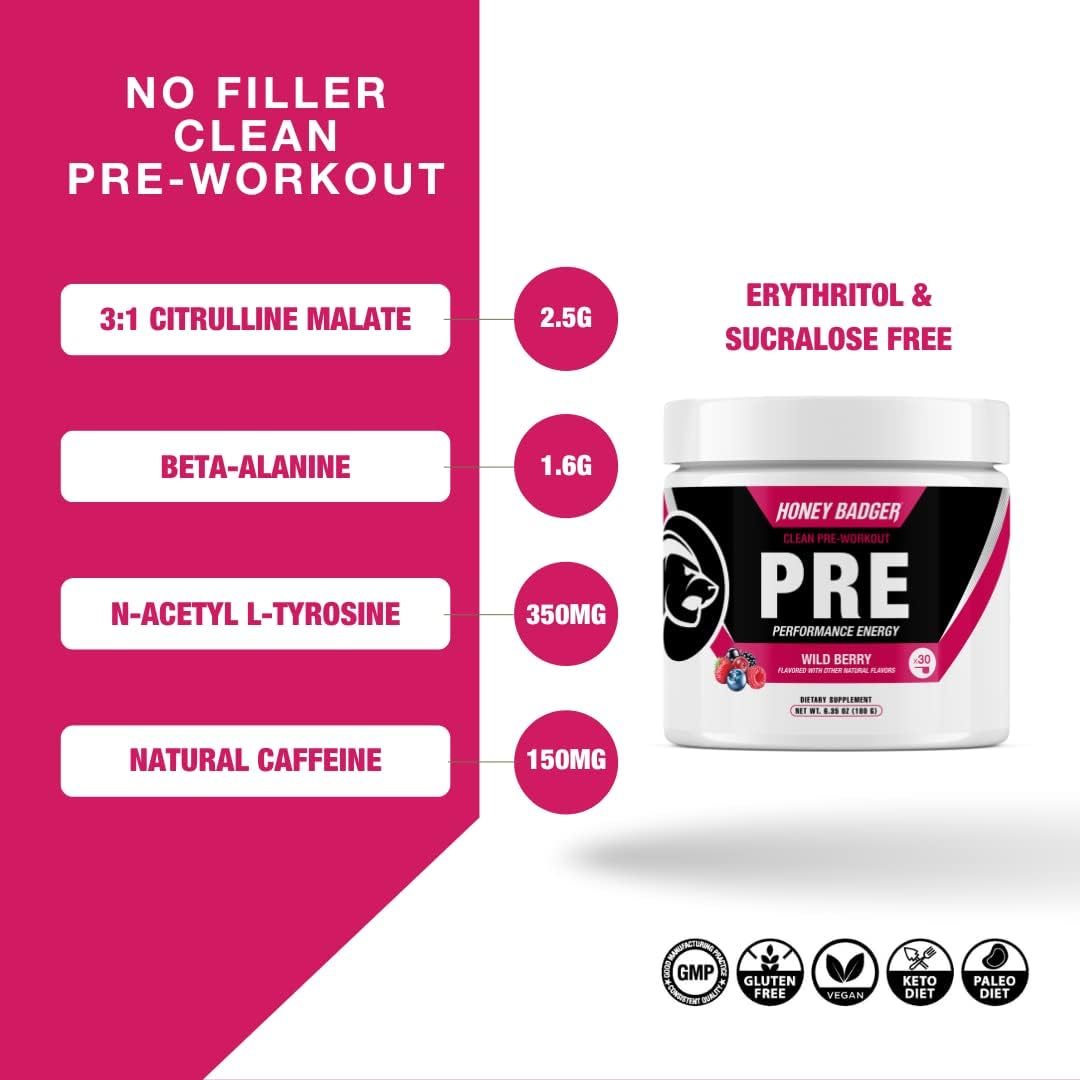 Wild Berry Honey Badger Pre Workout Powder, Keto Vegan Energy Supplement for Men & Women - 30 Servings, Beta Alanine & Caffeine, Sugar-Free