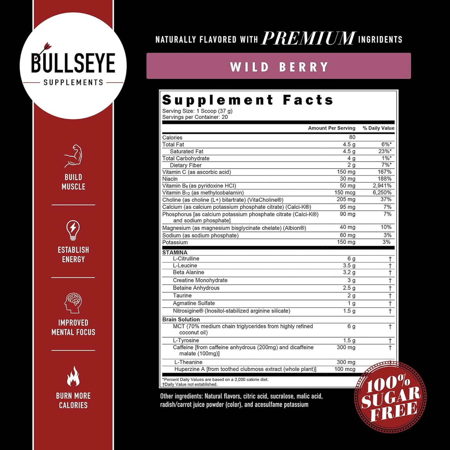 Wild Berry MCT Oil Pre Workout Supplement with Creatine Monohydrate - Boost Muscle Gain, Focus, and Energy - 20 Servings
