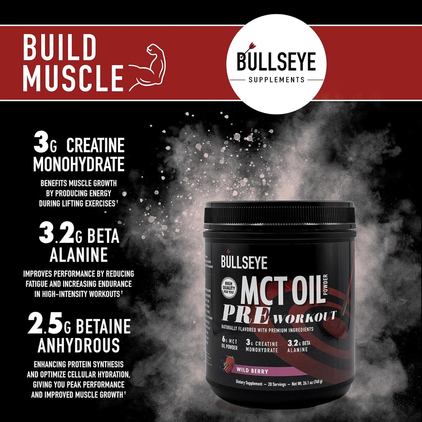 Wild Berry MCT Oil Pre Workout Supplement with Creatine Monohydrate - Boost Muscle Gain, Focus, and Energy - 20 Servings
