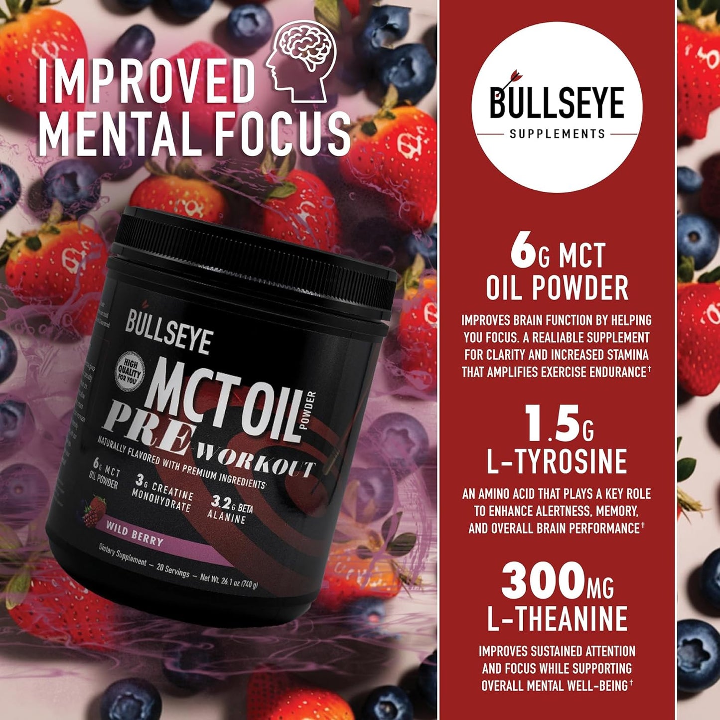 Wild Berry MCT Oil Pre Workout Supplement with Creatine Monohydrate - Boost Muscle Gain, Focus, and Energy - 20 Servings