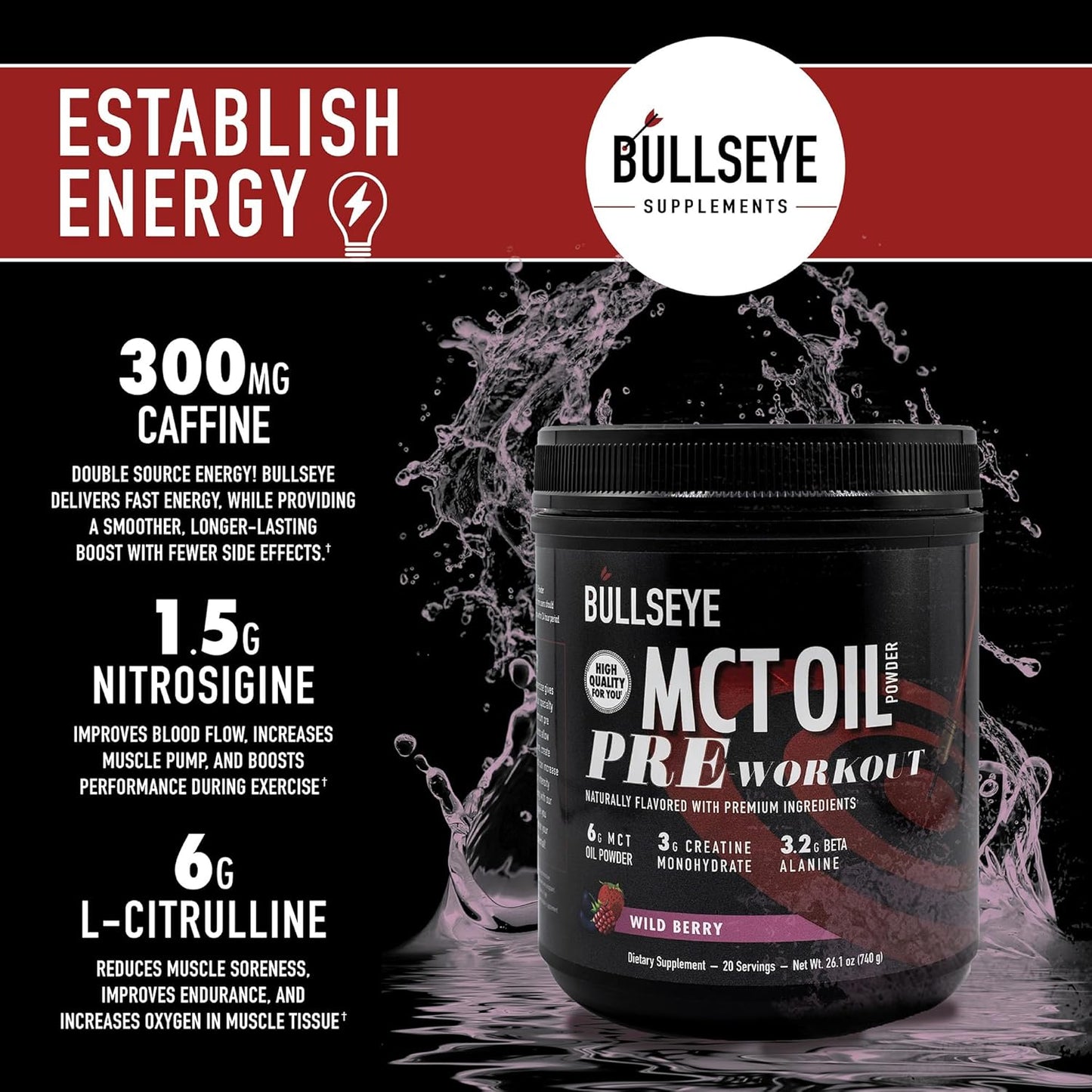 Wild Berry MCT Oil Pre Workout Supplement with Creatine Monohydrate - Boost Muscle Gain, Focus, and Energy - 20 Servings