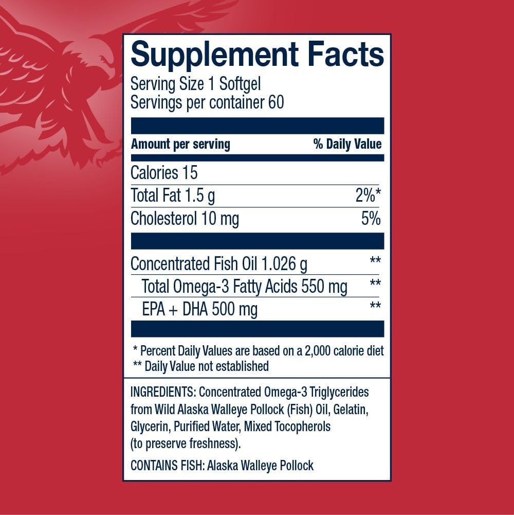 Wild-Caught Alaskan Walleye Pollock Omega-3 Fish Oil Softgels for Heart Health - American-Sourced & Non-GMO - 60 Softgels