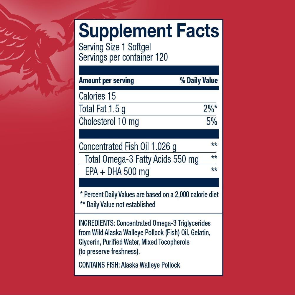 Wild-Caught Alaskan Walleye Pollock Omega-3 Fish Oil Softgels - Heart Health Support - American-Sourced & Non-GMO - 120 Softgels