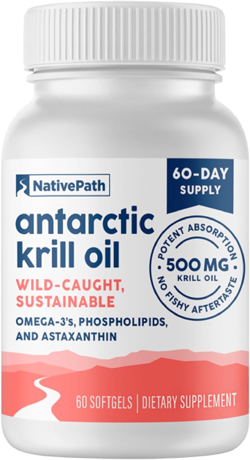 Wild-Caught Antarctic Krill Oil Softgels - 500mg with EPA, DHA, Astaxanthin - Joint, Heart, Brain, Immunity Support - 60 ct - No Fishy Aftertaste