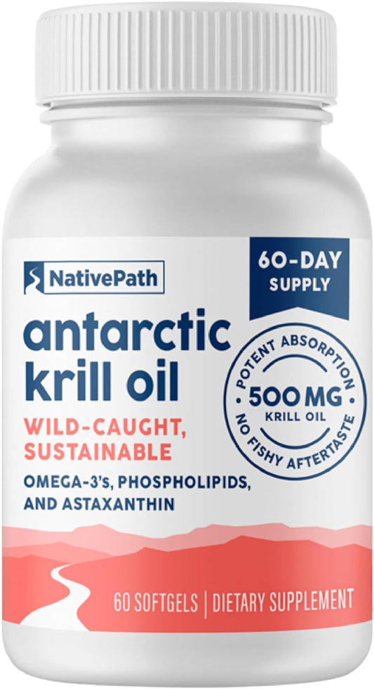 Wild-Caught Antarctic Krill Oil Softgels - 500mg with EPA, DHA, Astaxanthin - Joint, Heart, Brain, Immunity Support - 60 ct - No Fishy Aftertaste