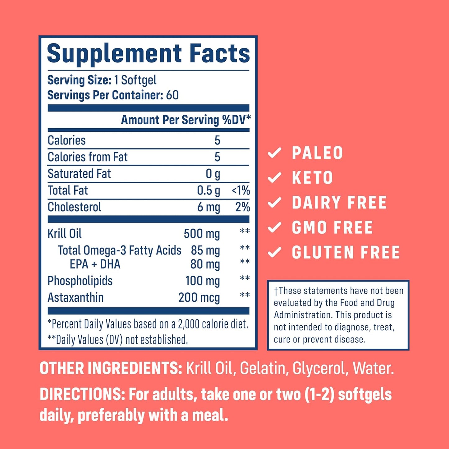 Wild-Caught Antarctic Krill Oil Softgels - 500mg with EPA, DHA, Astaxanthin - Joint, Heart, Brain, Immunity Support - 60 ct - No Fishy Aftertaste