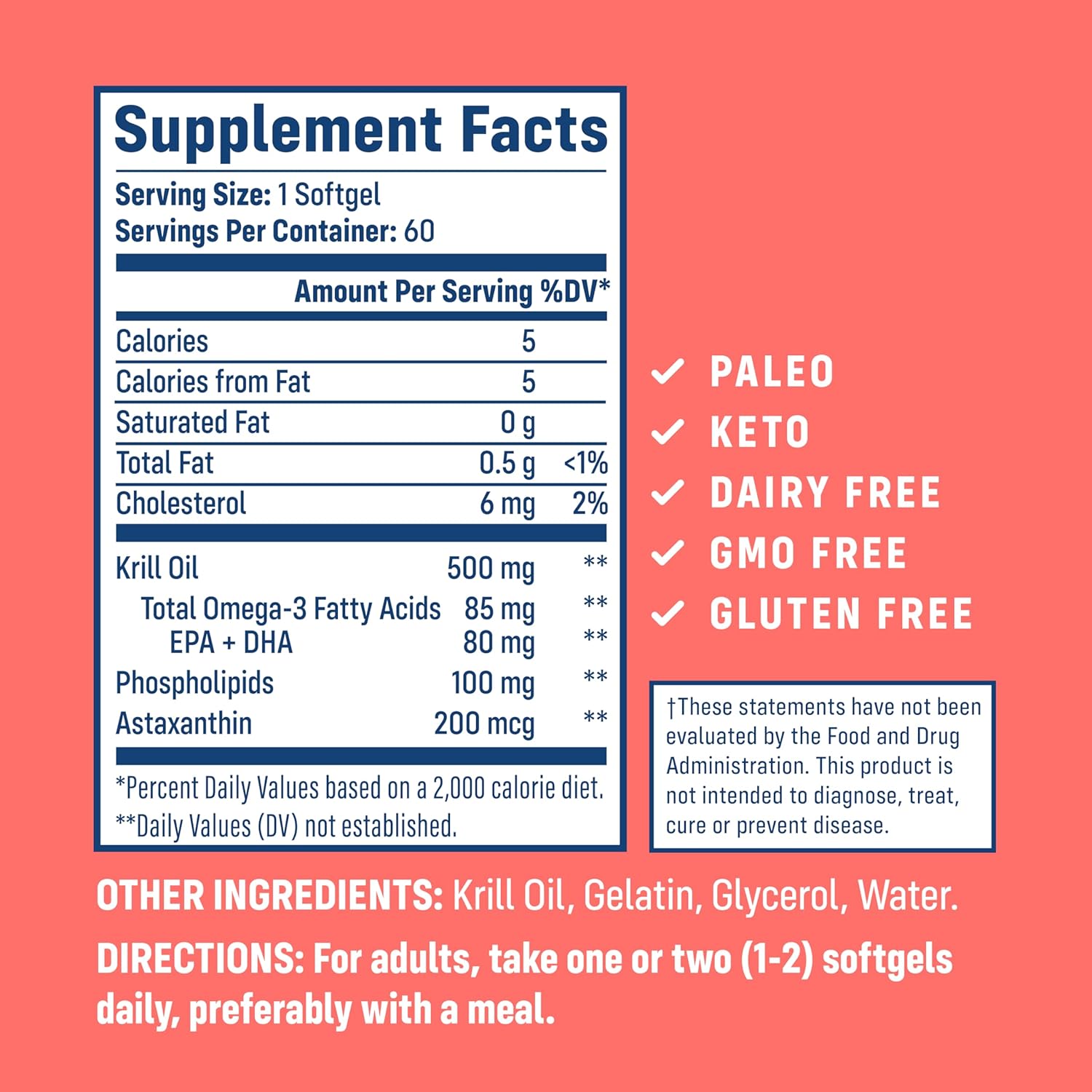Wild-Caught Antarctic Krill Oil Softgels - 500mg with EPA, DHA, Astaxanthin - Joint, Heart, Brain, Immunity Support - 60 ct - No Fishy Aftertaste