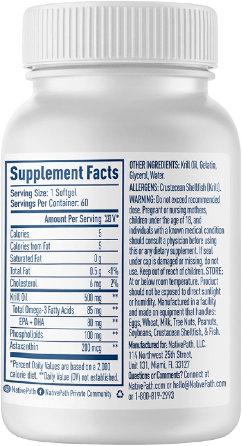 Wild-Caught Antarctic Krill Oil Softgels - 500mg with EPA, DHA, Astaxanthin - Joint, Heart, Brain, Immunity Support - 60 ct - No Fishy Aftertaste