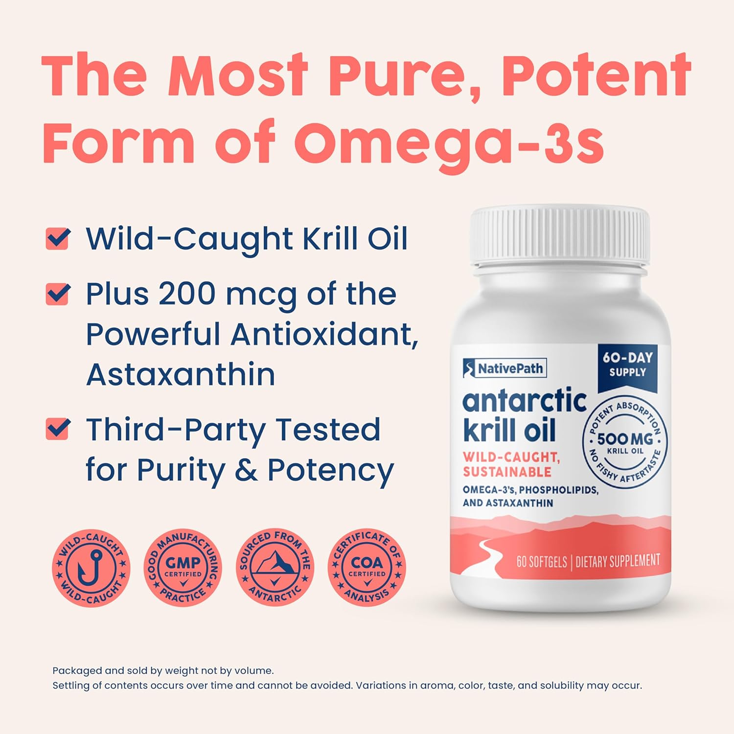 Wild-Caught Antarctic Krill Oil Softgels - 500mg with EPA, DHA, Astaxanthin - Joint, Heart, Brain, Immunity Support - 60 ct - No Fishy Aftertaste