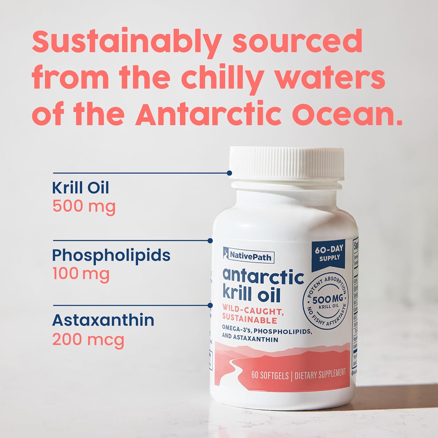 Wild-Caught Antarctic Krill Oil Softgels - 500mg with EPA, DHA, Astaxanthin - Joint, Heart, Brain, Immunity Support - 60 ct - No Fishy Aftertaste