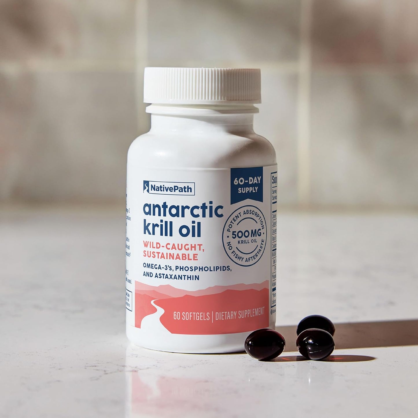 Wild-Caught Antarctic Krill Oil Softgels - 500mg with EPA, DHA, Astaxanthin - Joint, Heart, Brain, Immunity Support - 60 ct - No Fishy Aftertaste