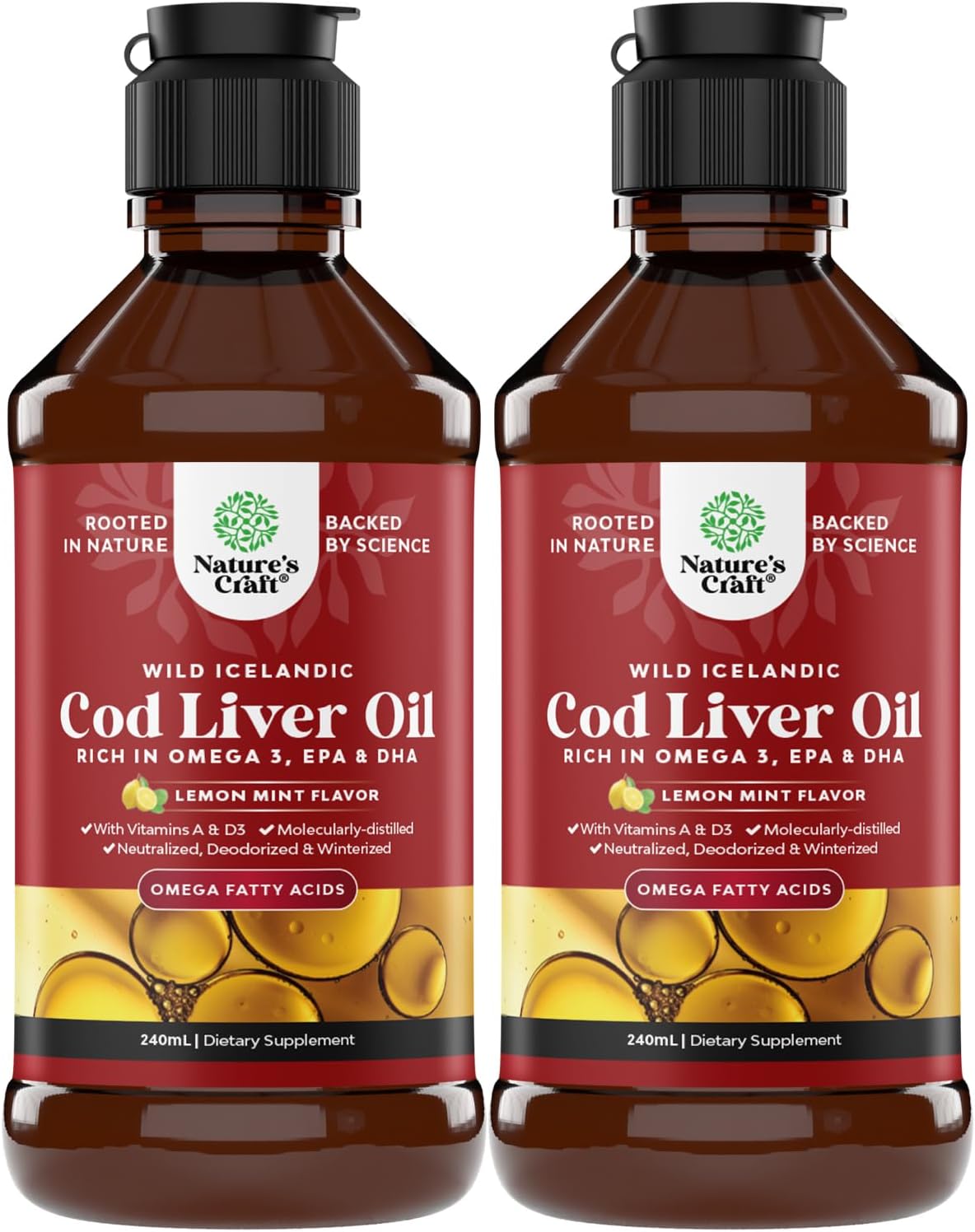 Wild Caught Icelandic Cod Liver Oil Liquid - Premium Nordic Omega 3 Fish Oil for Adults & Kids - Light Lemon Mint Flavor - 2 Pack
