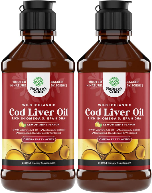 Wild Caught Icelandic Cod Liver Oil Liquid - Premium Nordic Omega 3 Fish Oil for Adults & Kids - Light Lemon Mint Flavor - 2 Pack