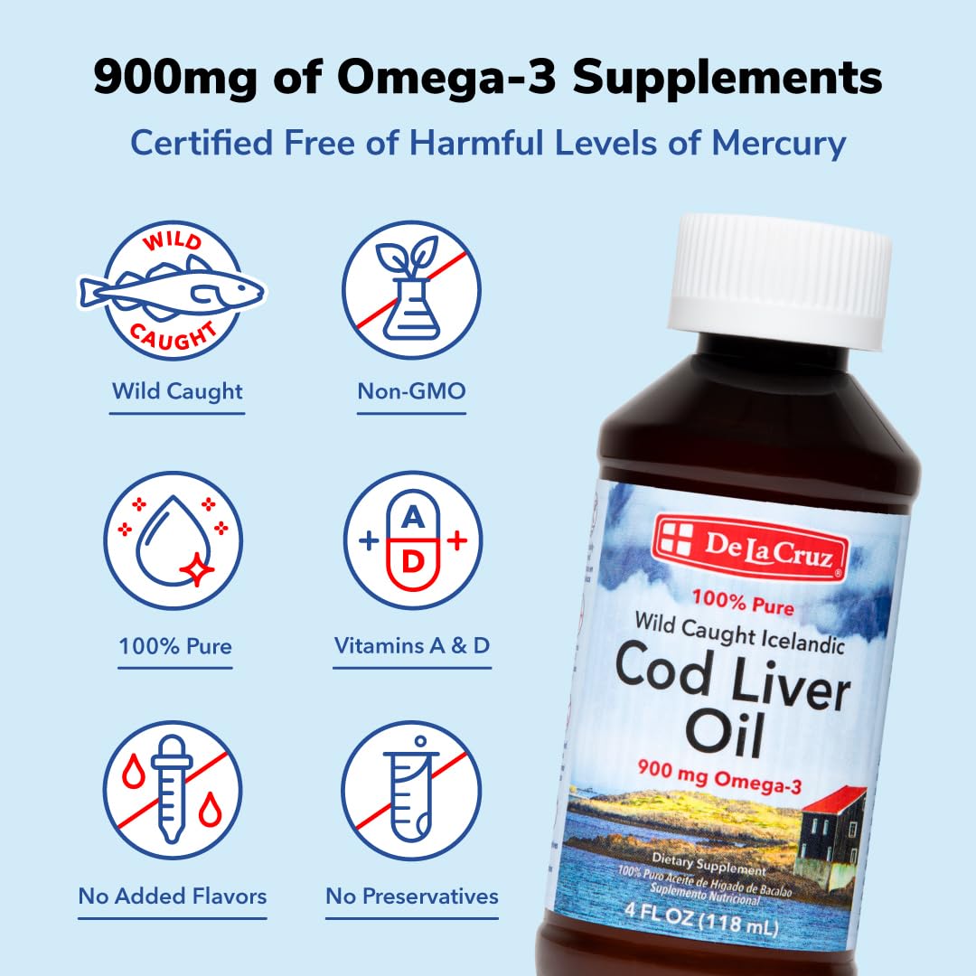 Wild-Caught Icelandic Cod Liver Oil Liquid - Pure Omega-3 Fish Oil Supplement 4 FL OZ
