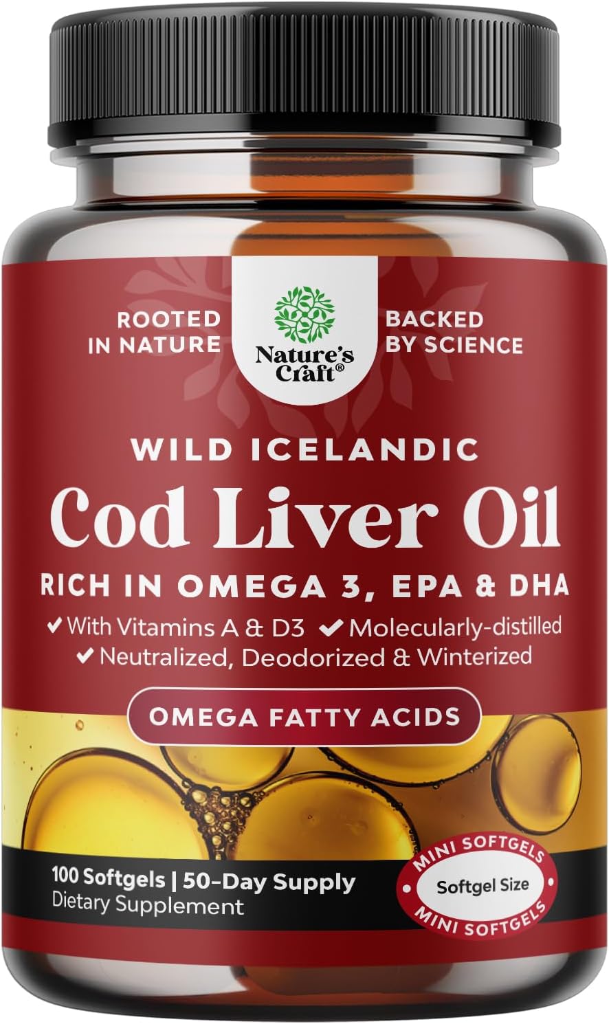 Wild Caught Icelandic Cod Liver Oil Softgels - 1000mg EPA DHA Omega 3 Fish Oil with Vitamin D3 & A - Sustainably Sourced Burpless Supplement for Heart, Joint, Brain & Immune Health