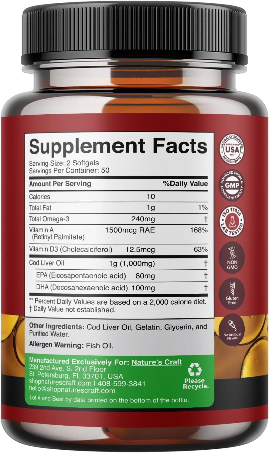 Wild Caught Icelandic Cod Liver Oil Softgels - 1000mg EPA DHA Omega 3 Fish Oil with Vitamin D3 & A - Sustainably Sourced Burpless Supplement for Heart, Joint, Brain & Immune Health
