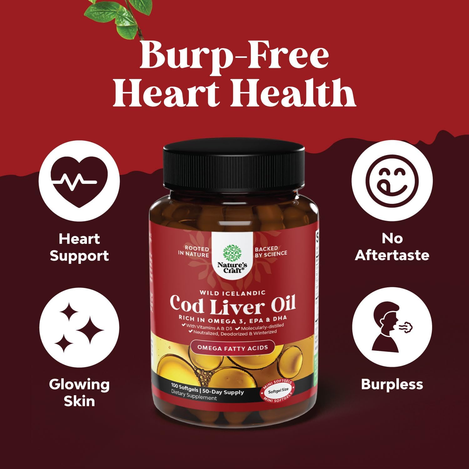Wild Caught Icelandic Cod Liver Oil Softgels - 1000mg EPA DHA Omega 3 Fish Oil with Vitamin D3 & A - Sustainably Sourced Burpless Supplement for Heart, Joint, Brain & Immune Health