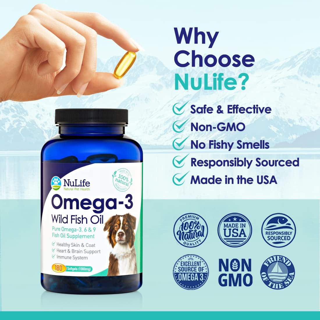Wild Caught Icelandic Fish Oil for Dogs, Omega 3 Skin & Coat Supplement, EPA + DHA, 180 Capsules