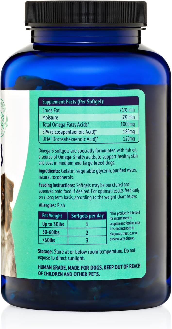 Wild Caught Icelandic Fish Oil for Dogs, Omega 3 Skin & Coat Supplement, EPA + DHA, 180 Capsules