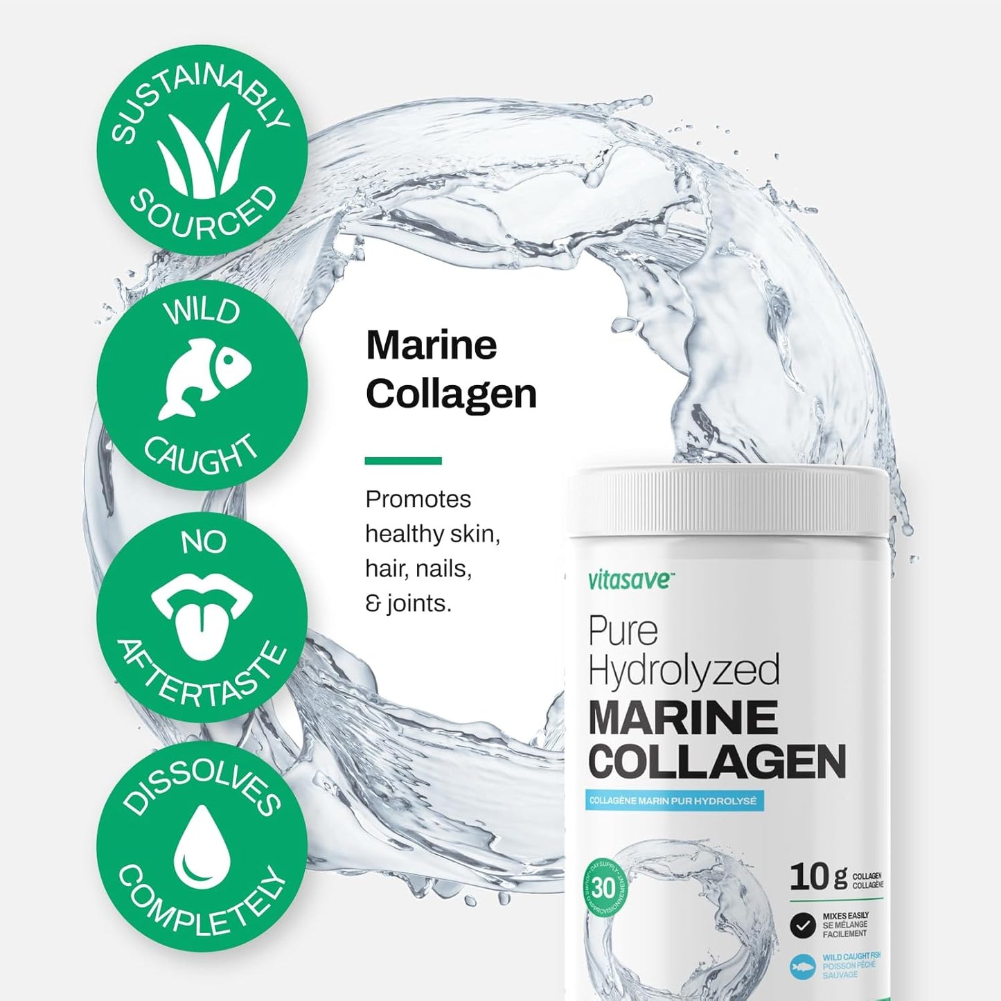 Wild-Caught Marine Collagen Peptides Powder - Non-GMO, Hydrolyzed - Supports Skin, Hair, Nails, Joints - Unflavored, Easy to Mix - 30 Day Supply