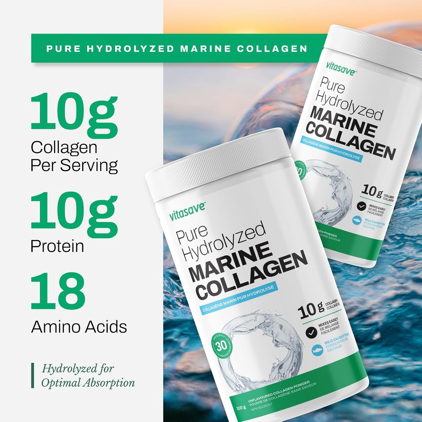 Wild-Caught Marine Collagen Peptides Powder - Non-GMO, Hydrolyzed - Supports Skin, Hair, Nails, Joints - Unflavored, Easy to Mix - 30 Day Supply