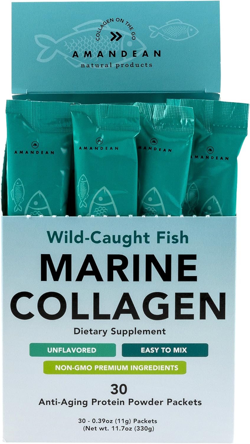 Wild-Caught Marine Collagen Peptides Powder Stick Packs - 30 Single Use Packets for Hair, Skin & Nails - Non-GMO, Zero Carbs, High Bioavailability