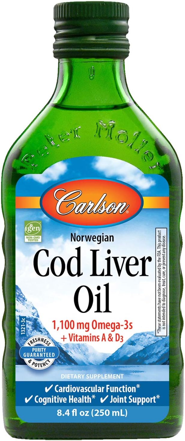 Wild Caught Norwegian Arctic Cod Liver Oil with 1100mg Omega-3s, Vitamins A & D3 - Sustainably Sourced Nordic Fish Oil Liquid, 250mL