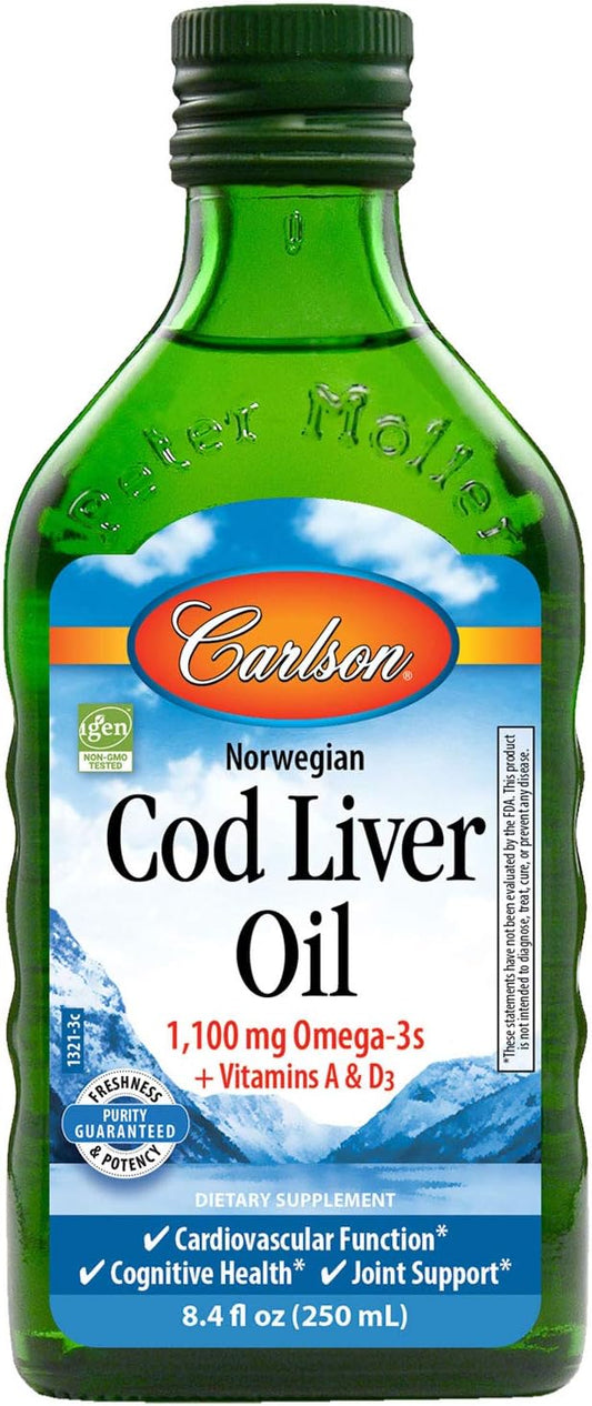 Wild Caught Norwegian Arctic Cod Liver Oil with 1100mg Omega-3s, Vitamins A & D3 - Sustainably Sourced Nordic Fish Oil Liquid, 250mL