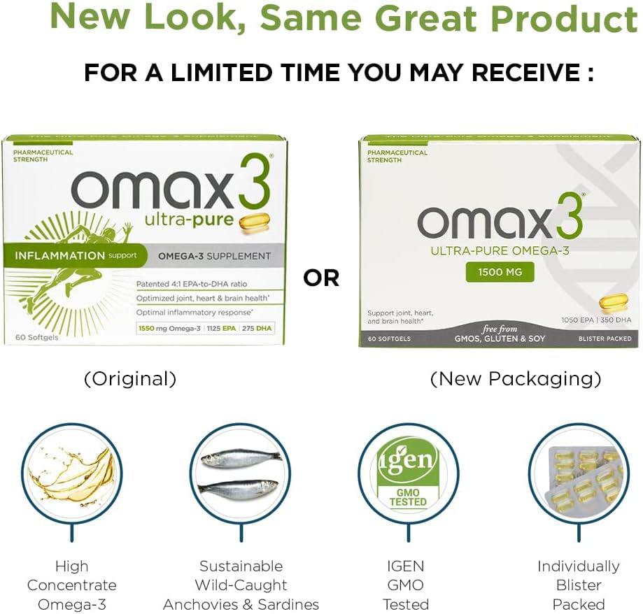 Wild Caught Omax3 Natural Omega 3 Fish Oil Pills - 1500 MG EPA DHA Joint & Muscle Support - Non-GMO, Gluten Free Supplements - 30-Day Supply