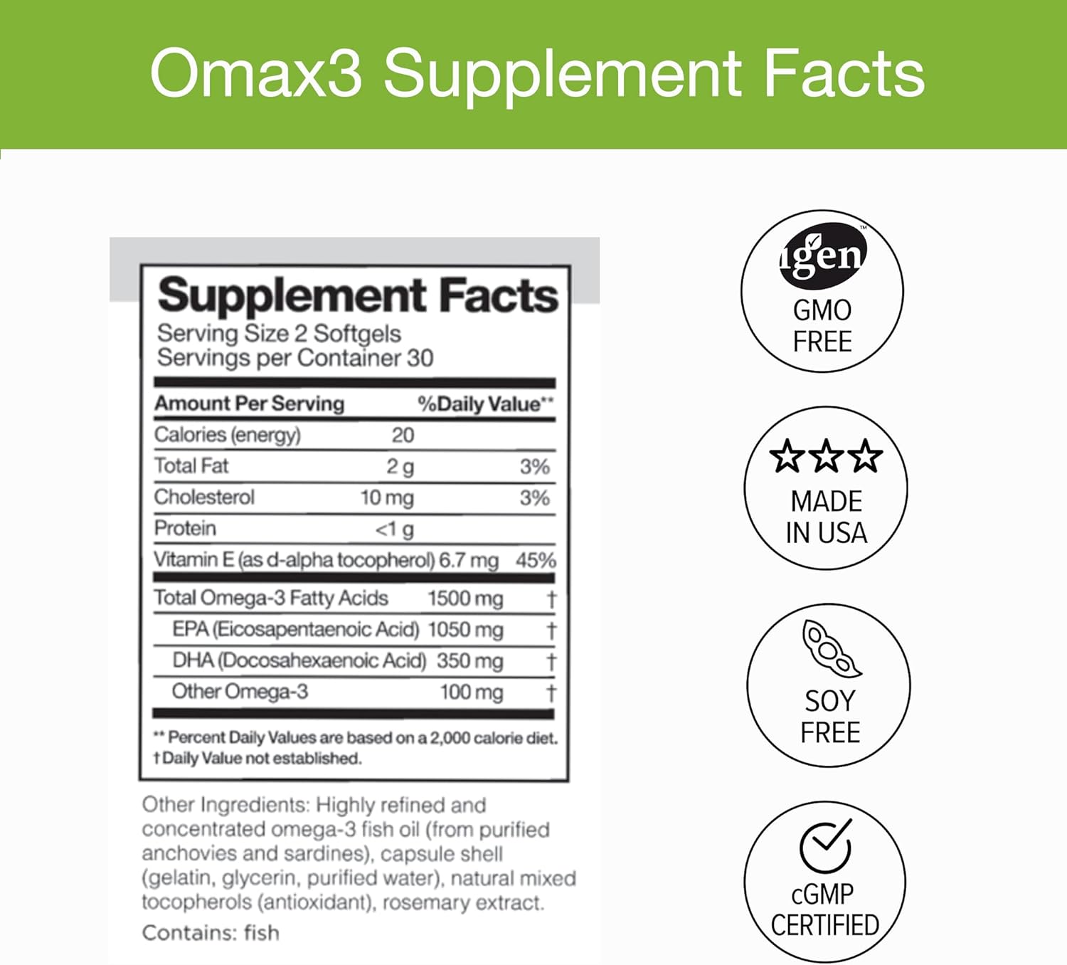 Wild Caught Omax3 Natural Omega 3 Fish Oil Pills - 1500 MG EPA DHA Joint & Muscle Support - Non-GMO, Gluten Free Supplements - 30-Day Supply