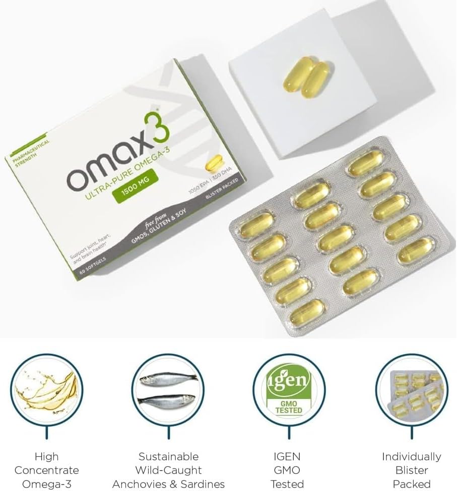 Wild Caught Omax3 Omega-3 Fish Oil Pills 1500 MG EPA DHA - Joint & Muscle Support - Non GMO Gluten Free - 60-Day Supply (2 Boxes)