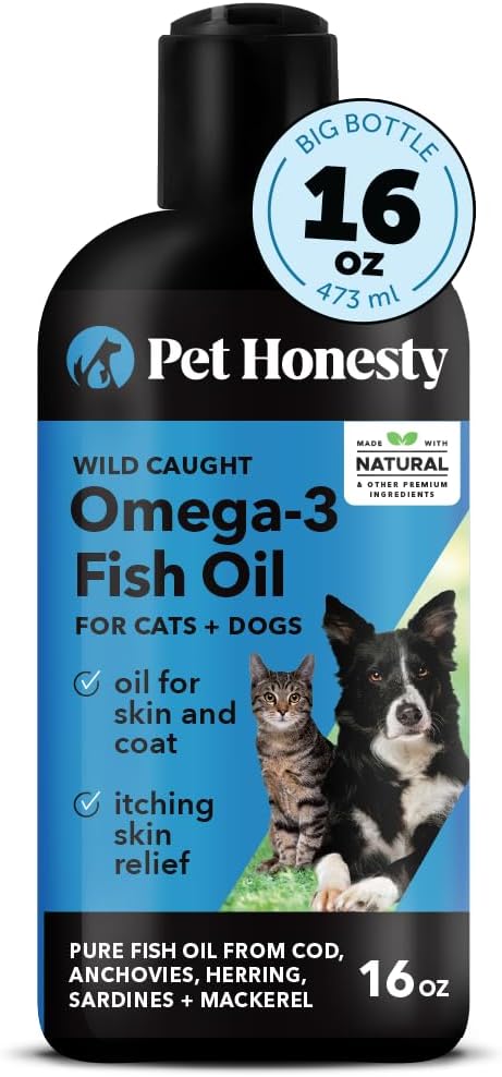 Wild Caught Omega 3 Fish Oil for Cats & Dogs (16oz) - Skin, Coat, Immunity, Joint & Heart Support with EPA + DHA