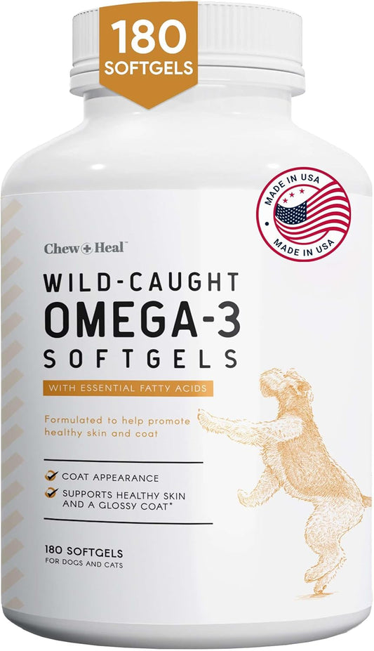 Wild Caught Omega 3 Fish Oil Softgel Capsules for Dogs - 180 Pills for Healthy Skin and Coat - 1000mg Dog Fish Oil for Shedding and Itching
