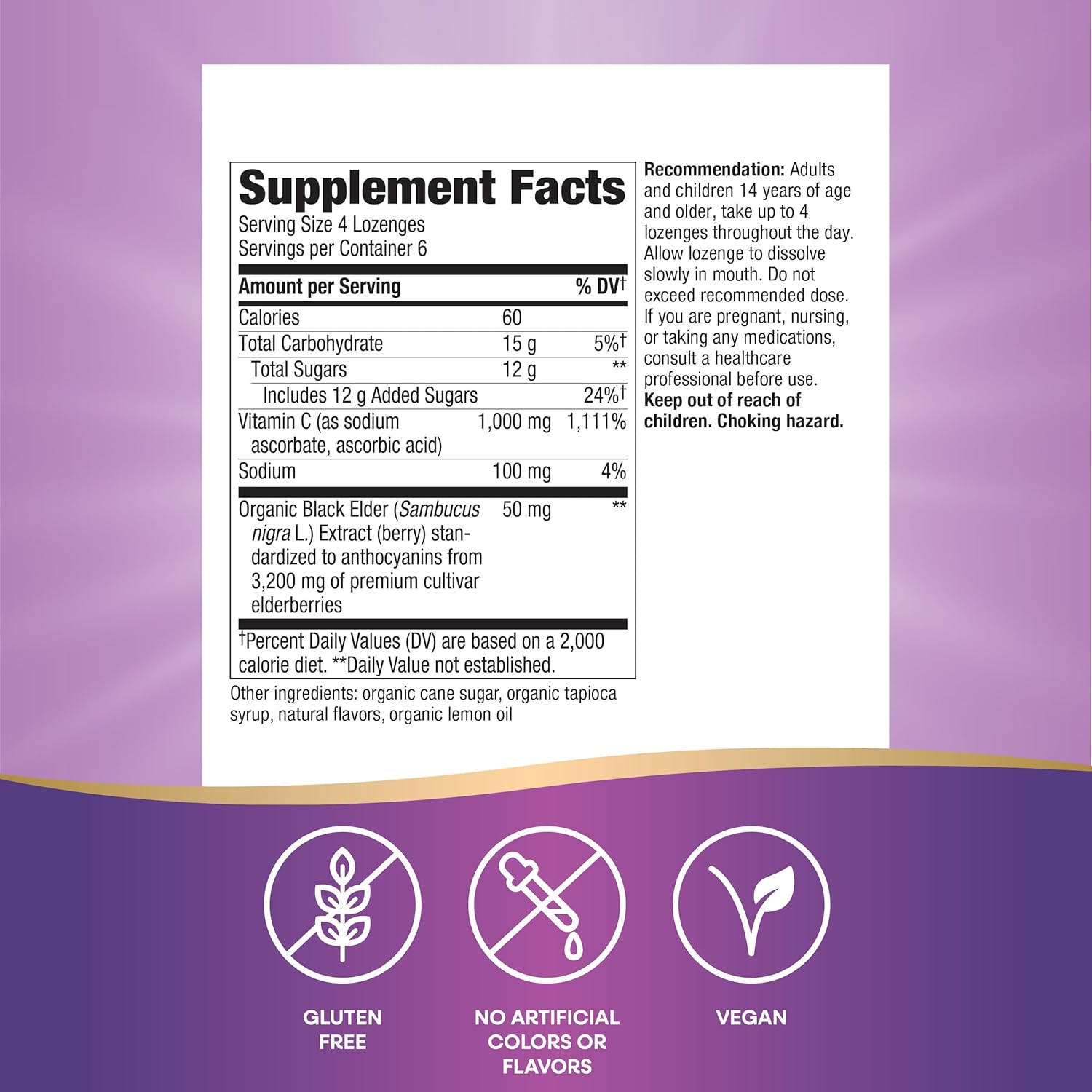 Wild Cherry Sambucus Elderberry Lozenges with 1000mg Vitamin C - 24 Count