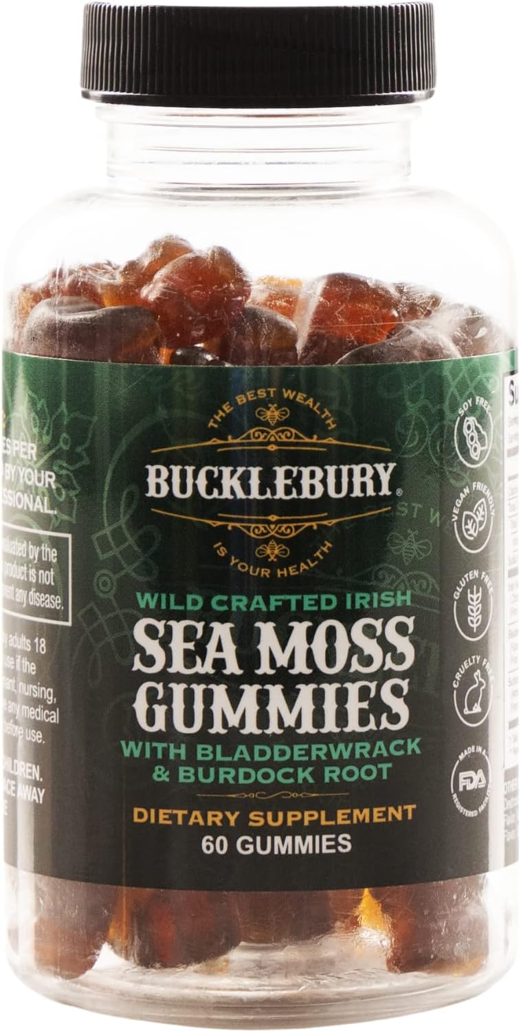 Wild Crafted Irish Sea Moss Gummies with Bladderwrack & Burdock Root - Natural Vegan Multivitamin Gummies for Immune, Thyroid, Digestive, Gut Support - 60 Gummies