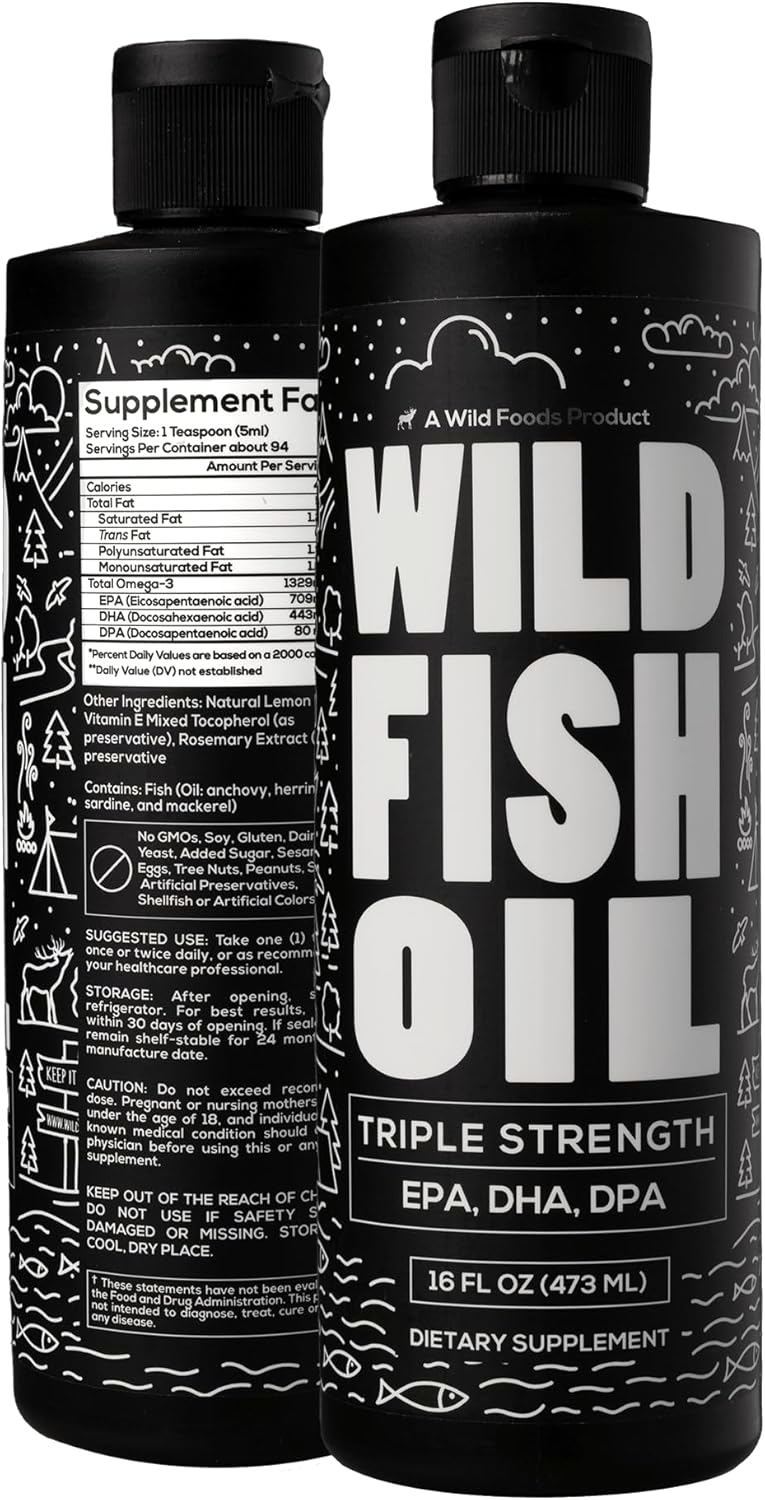 Wild Foods Lemon Liquid Omega 3 Fish Oil Supplement - 16 oz (2 pk) - Non-GMO, Gluten Free - Triple Strength Heart & Joint Nutrition with DPA, DHA, EPA for Women & Men - Wild Caught, Burpless, Odorless