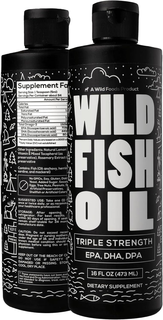 Wild Foods Lemon Liquid Omega 3 Fish Oil Supplement - 16 oz (2 pk) - Non-GMO, Gluten Free - Triple Strength Heart & Joint Nutrition with DPA, DHA, EPA for Women & Men - Wild Caught, Burpless, Odorless