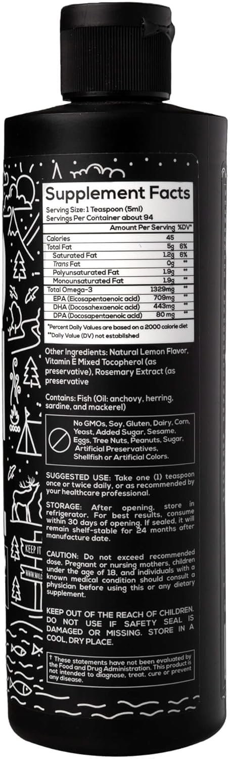 Wild Foods Lemon Liquid Omega 3 Fish Oil Supplement - 16 oz (2 pk) - Non-GMO, Gluten Free - Triple Strength Heart & Joint Nutrition with DPA, DHA, EPA for Women & Men - Wild Caught, Burpless, Odorless
