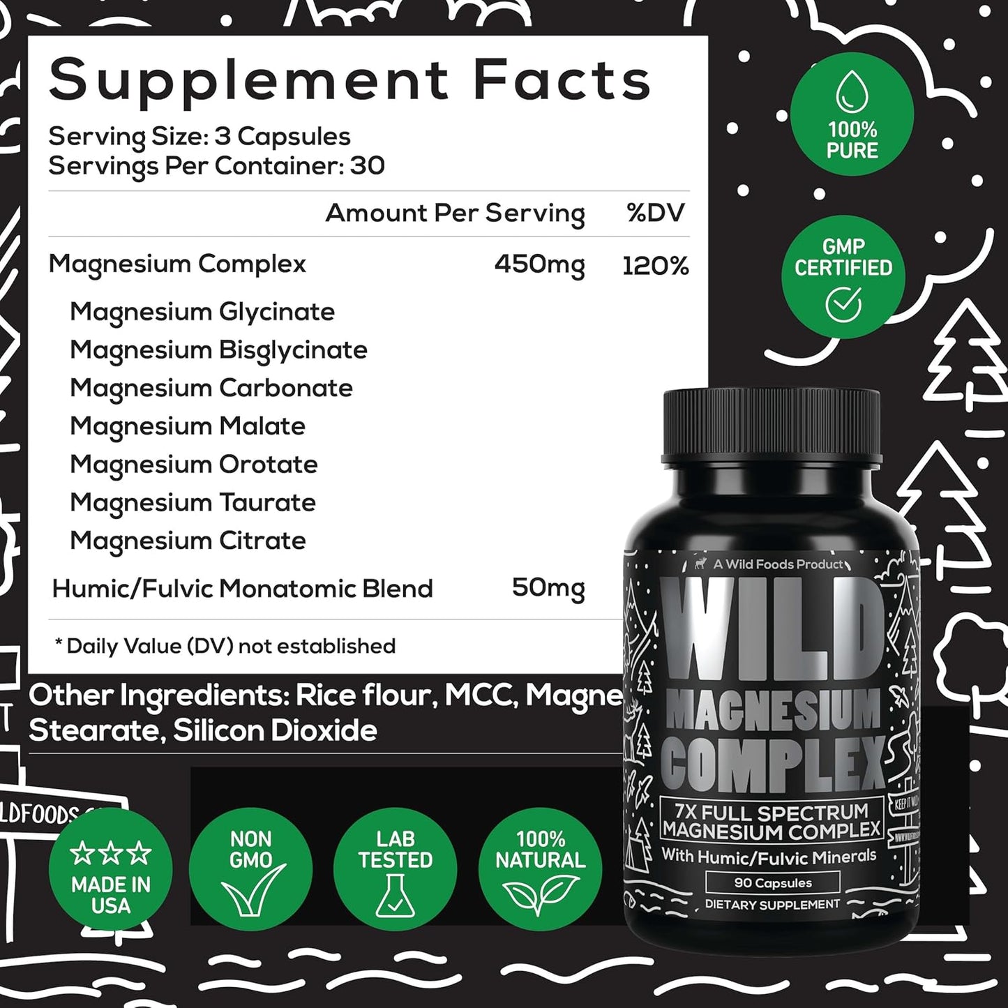 Wild Foods Magnesium Complex Supplement - 7X Forms, 90 Capsules | High Absorption & Easy Digestion | 500mg Magnesium Variants