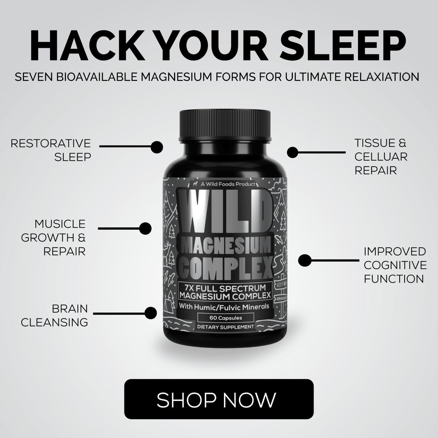Wild Foods Magnesium Complex Supplement - 7X Forms, 90 Capsules | High Absorption & Easy Digestion | 500mg Magnesium Variants