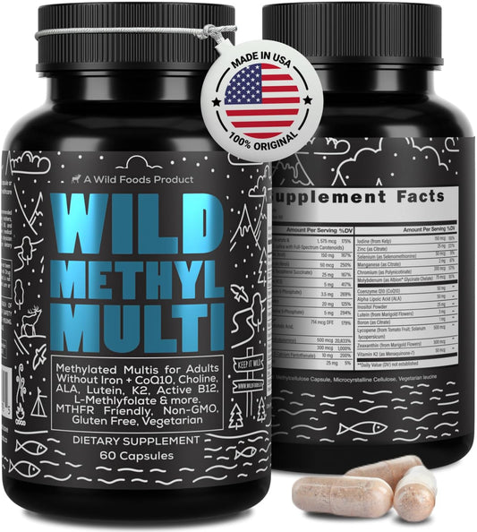 Wild Foods Methylated Multivitamin for Women & Men - Daily Multi Vitamin Without Iron - Supports MTHFR - Includes B12, Folate, Vitamin C, A, K2, D, E, Choline, Biotin, ALA, CoQ10 - 60 Capsules