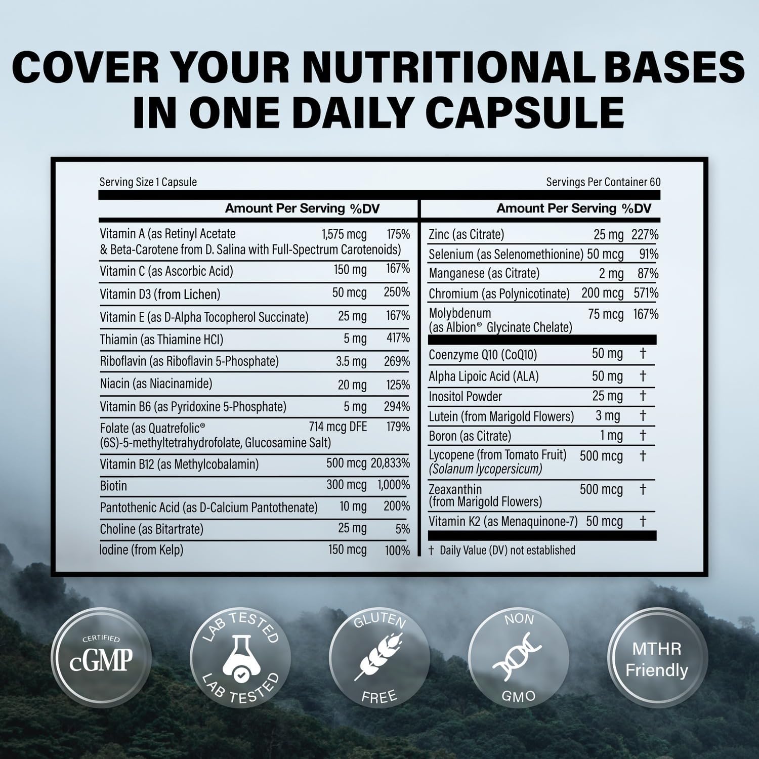 Wild Foods Methylated Multivitamin for Women & Men - Daily Multi Vitamin Without Iron - Supports MTHFR - Includes B12, Folate, Vitamin C, A, K2, D, E, Choline, Biotin, ALA, CoQ10 - 60 Capsules