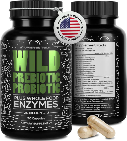 Wild Foods Prebiotics, Probiotics, & Digestive Enzymes - 20 Billion CFU, 10 Strains for Gut Health - Men & Women - Non-GMO Fiber - 60 Count