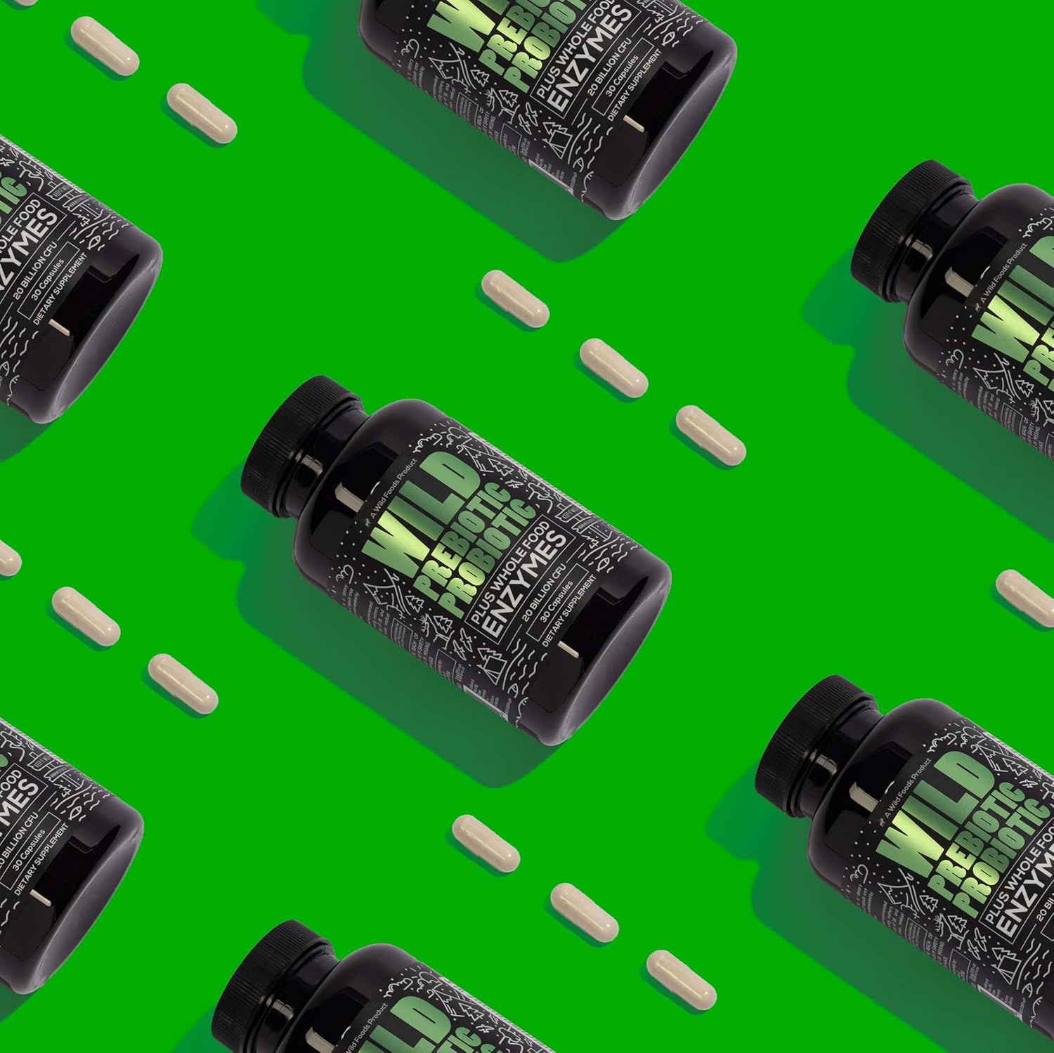 Wild Foods Prebiotics, Probiotics, & Digestive Enzymes - 20 Billion CFU, 10 Strains for Gut Health - Men & Women - Non-GMO Fiber - 60 Count