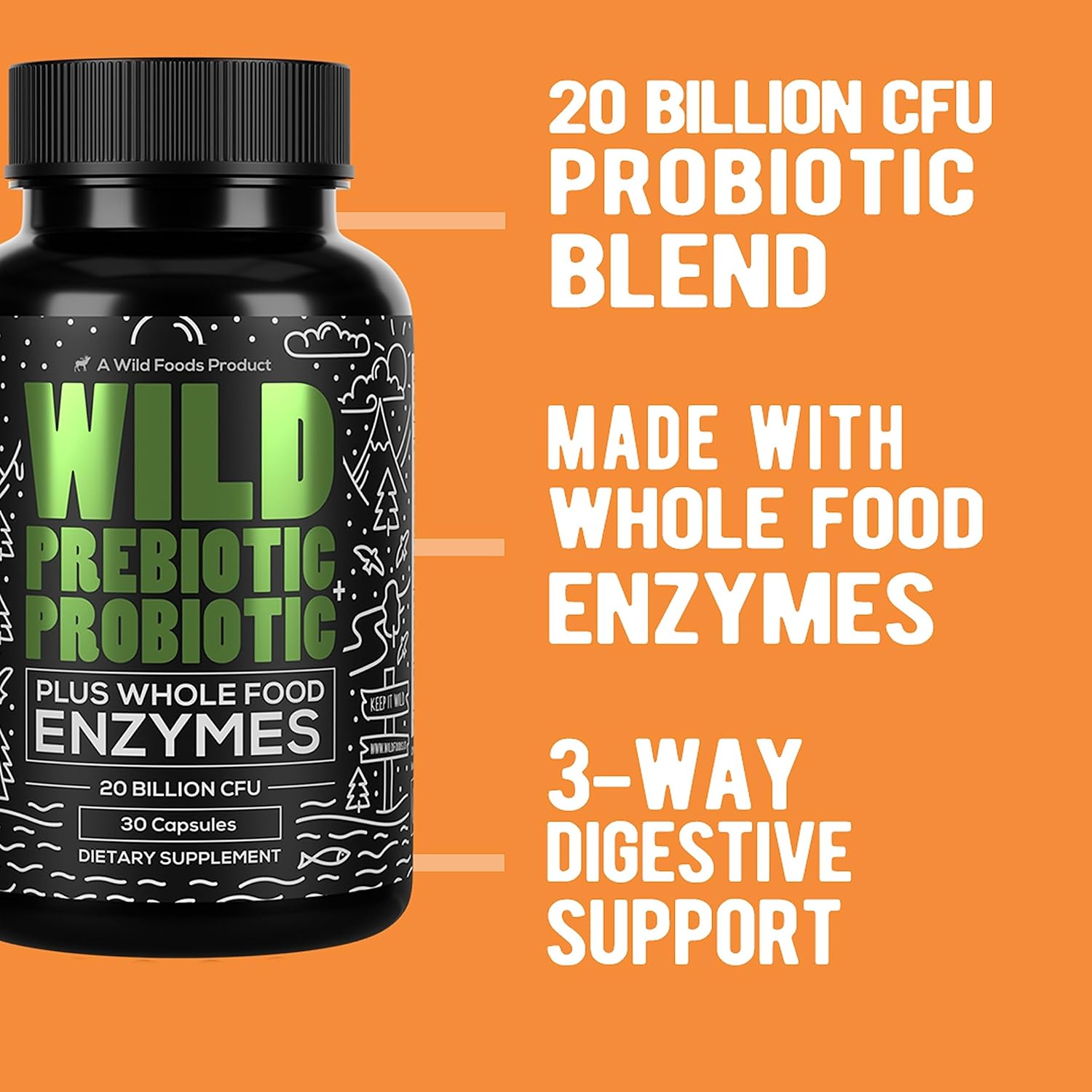 Wild Foods Prebiotics, Probiotics, & Digestive Enzymes - 20 Billion CFU, 10 Strains for Gut Health - Men & Women - Non-GMO Fiber - 60 Count