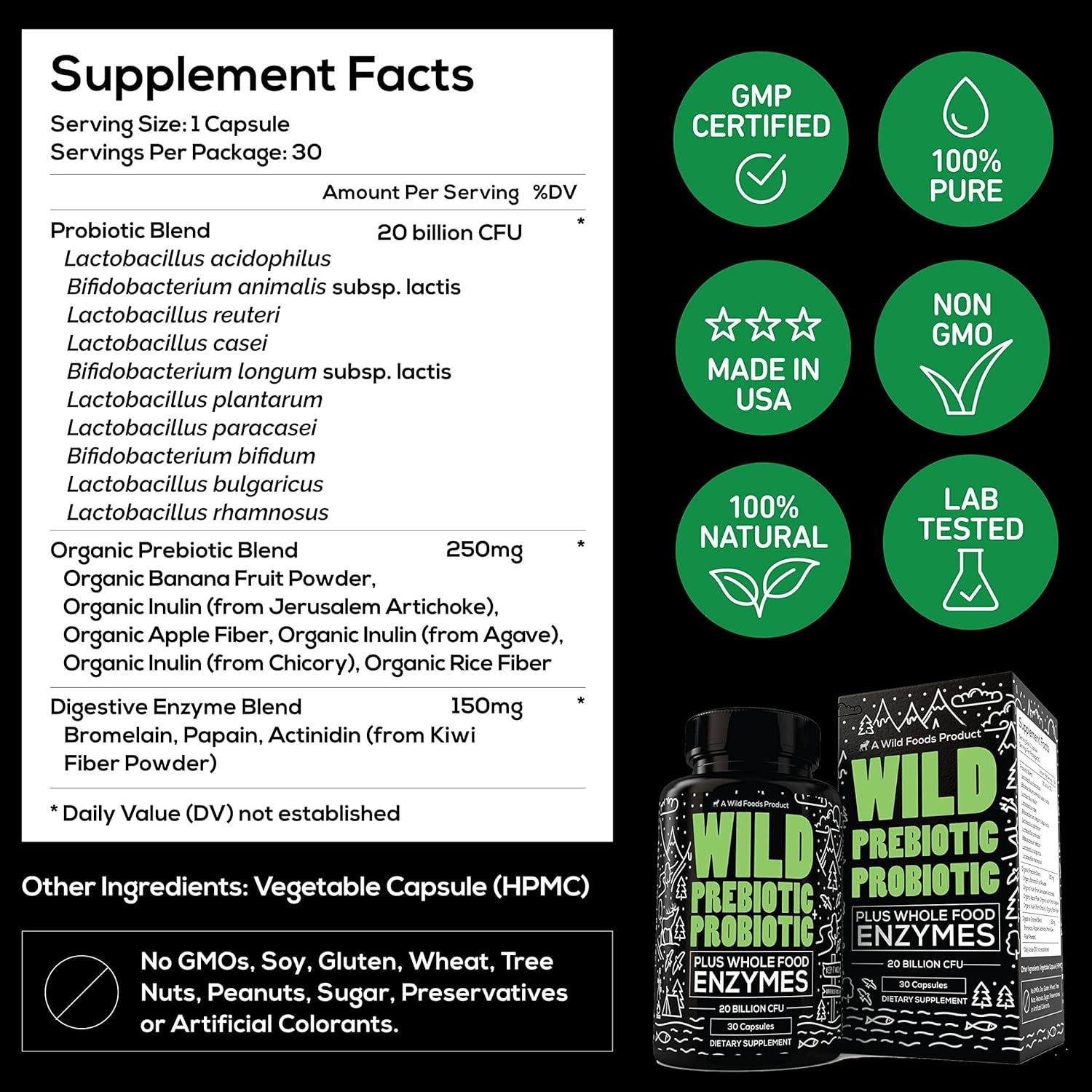 Wild Foods Prebiotics, Probiotics, & Digestive Enzymes - 20 Billion CFU, 10 Strains for Gut Health - Men & Women - Non-GMO Fiber - 60 Count